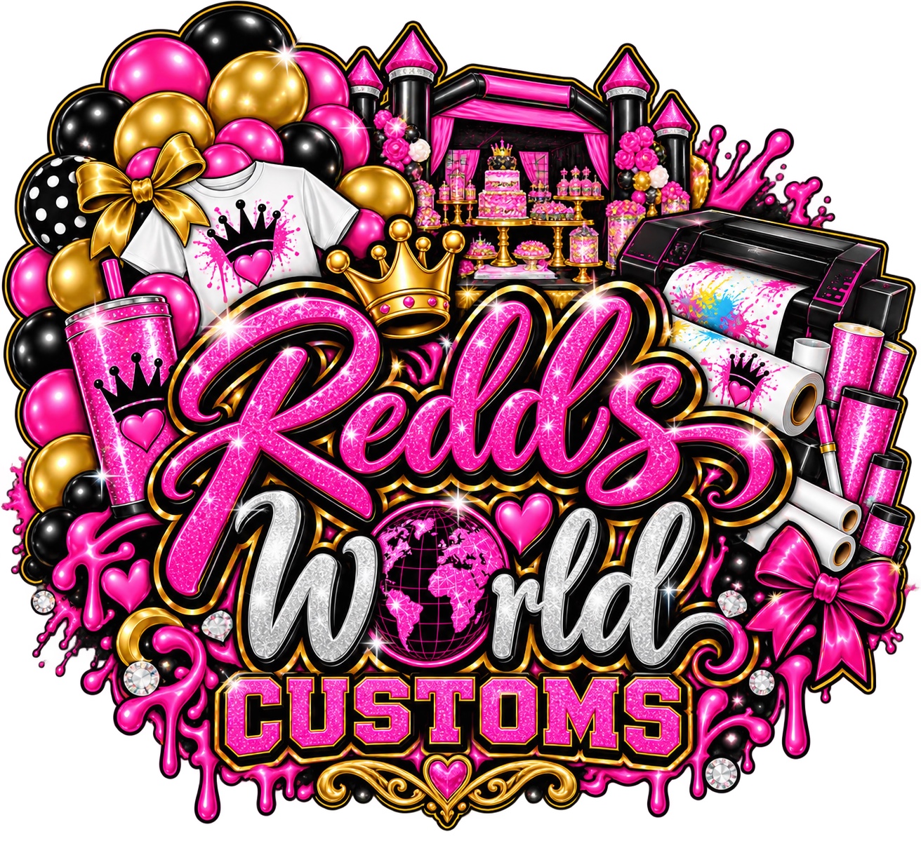 Redds World Customs logo featuring balloons, custom apparel and gifts