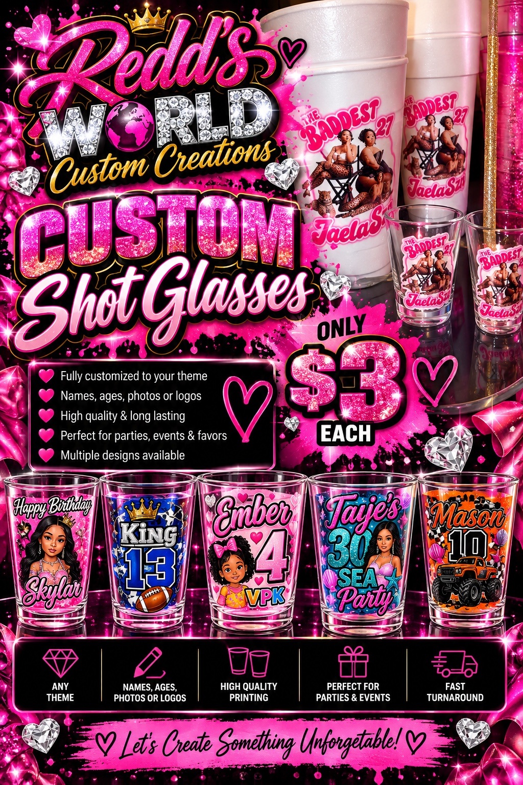Custom Shot Glasses — $3 each pricing flyer